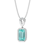 Paraiba tourmaline bezel necklace with diamonds set in white gold, custom jewelry by Pel & Co