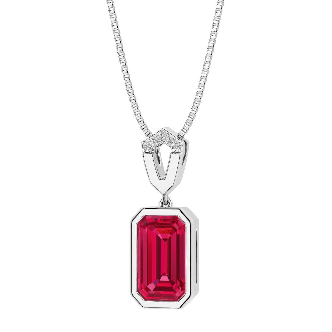 Diamond necklace with a red gemstone pendant set in white gold, custom crafted by Pel & Co.