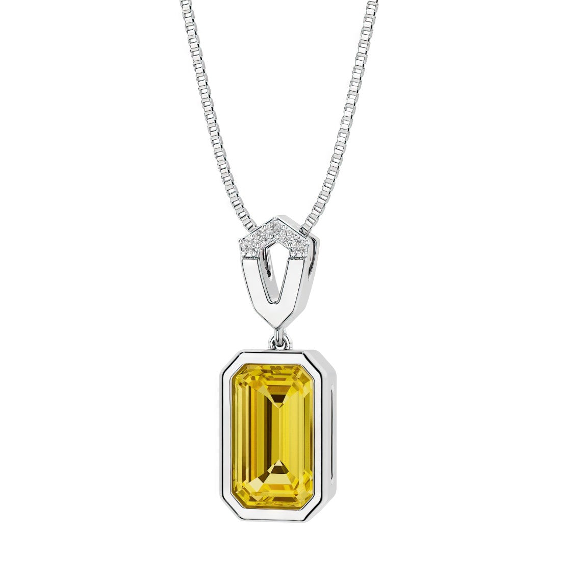 White gold bezel set yellow sapphire and diamond necklace for women custom jewelry by Pel & Co