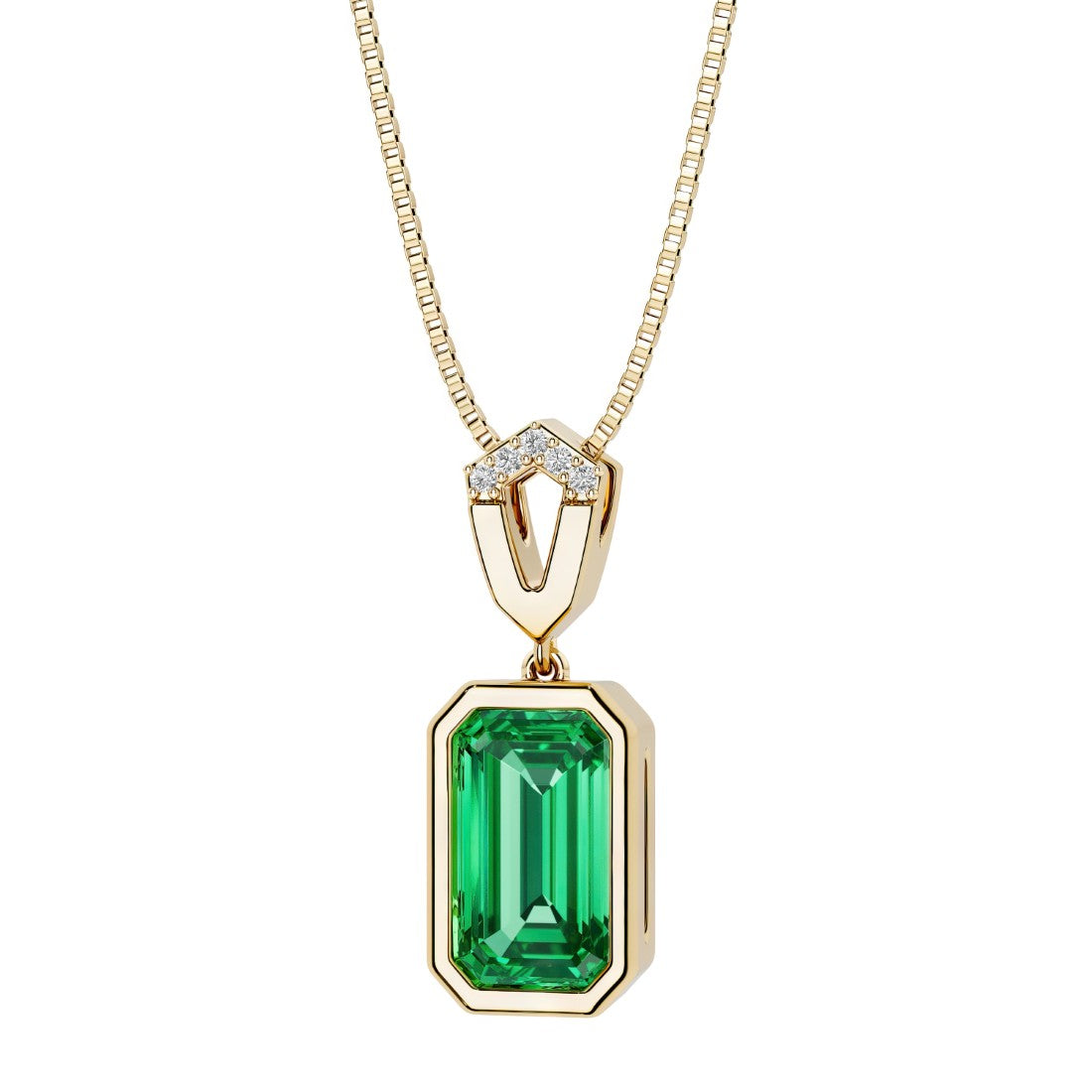 Green colombian emerald bezel necklace with diamonds set in yellow gold, custom jewelry by Pel & Co