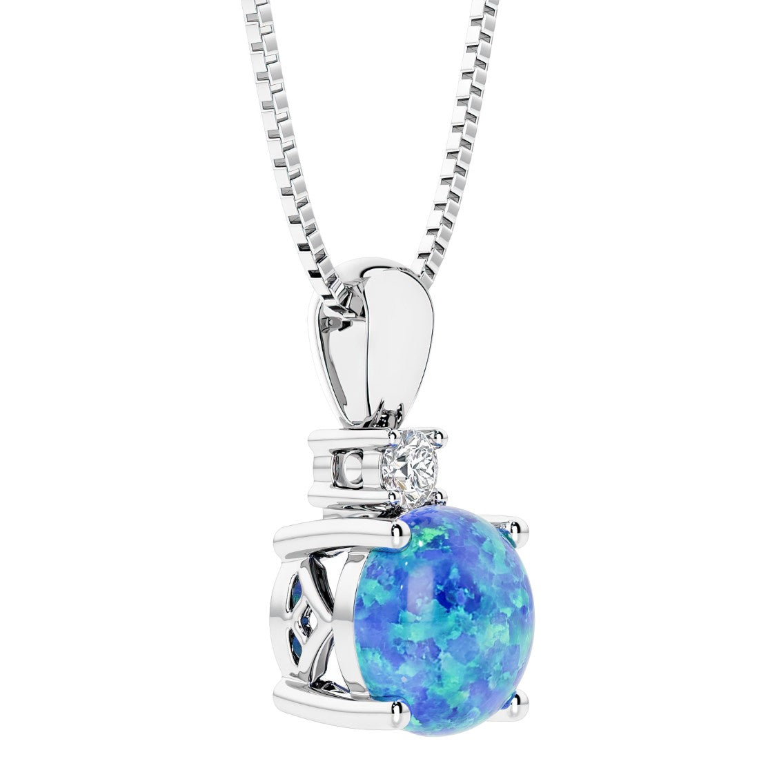 October birthstone Blue Opal pendant with diamond in white gold, custom made by Pel & Co