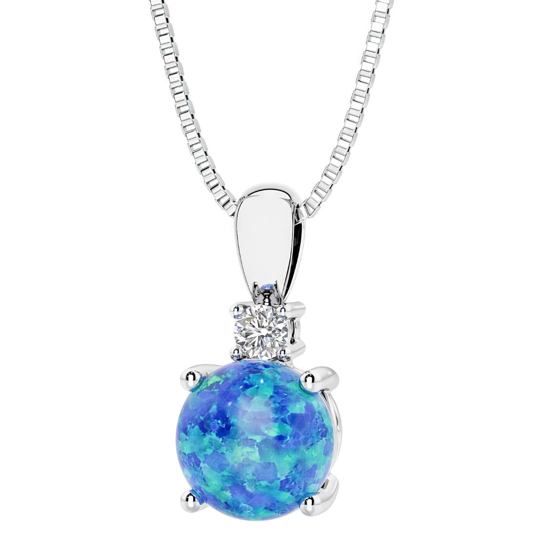 Blue Opal pendant necklace with a diamond in white gold, custom made by Pel & Co