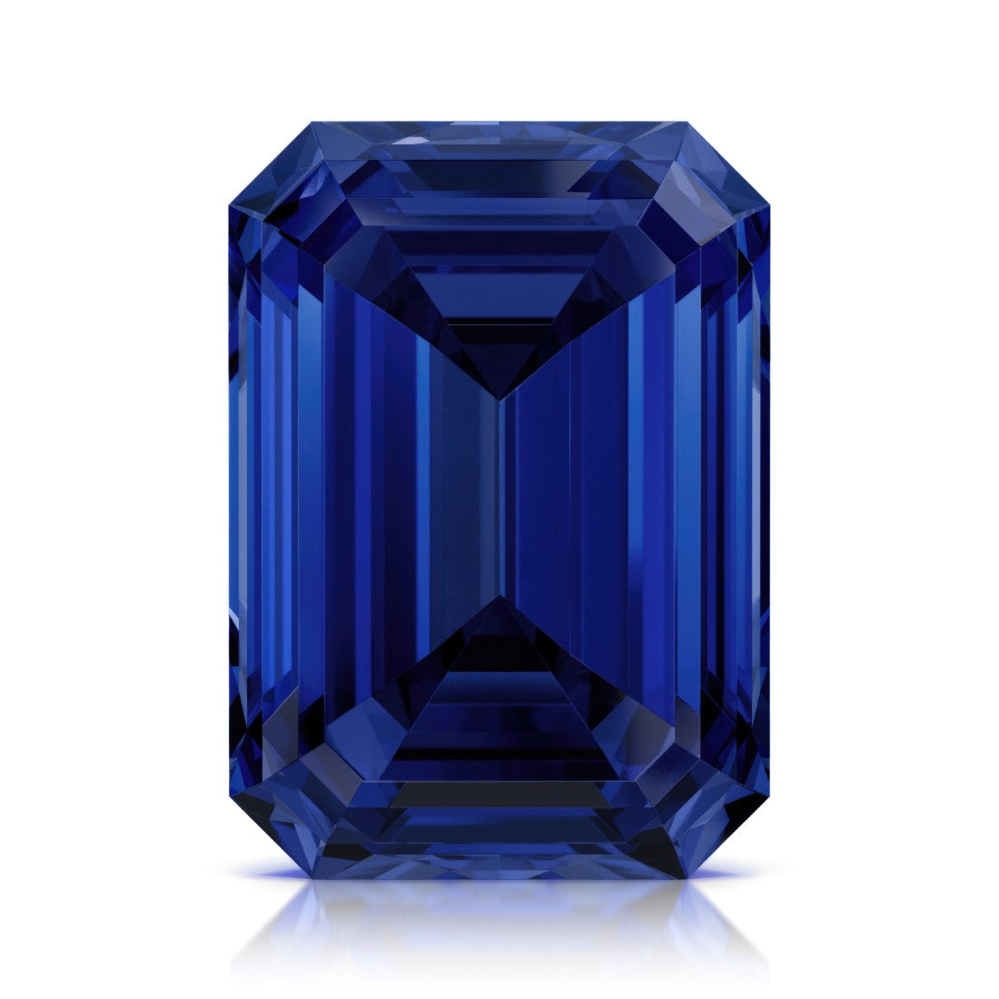 Emerald Cut Blue Sapphire loose gemstone — velvety deep blue AAA grade lab created | Pel & Co. Prestige Gemstones
