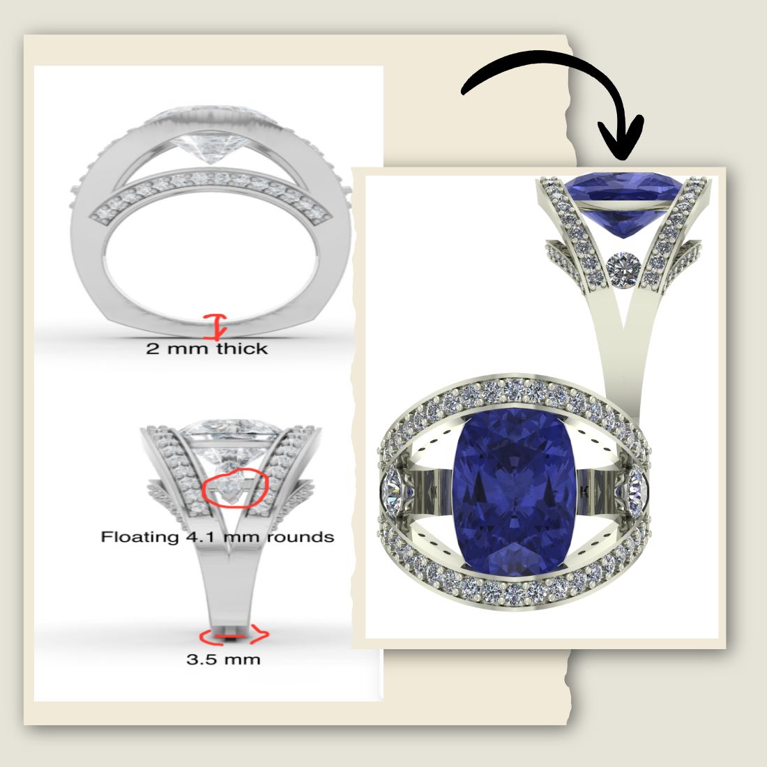 Luxury blue sapphire ring with diamond side stones, fully custom and personalized by Pel & Co.