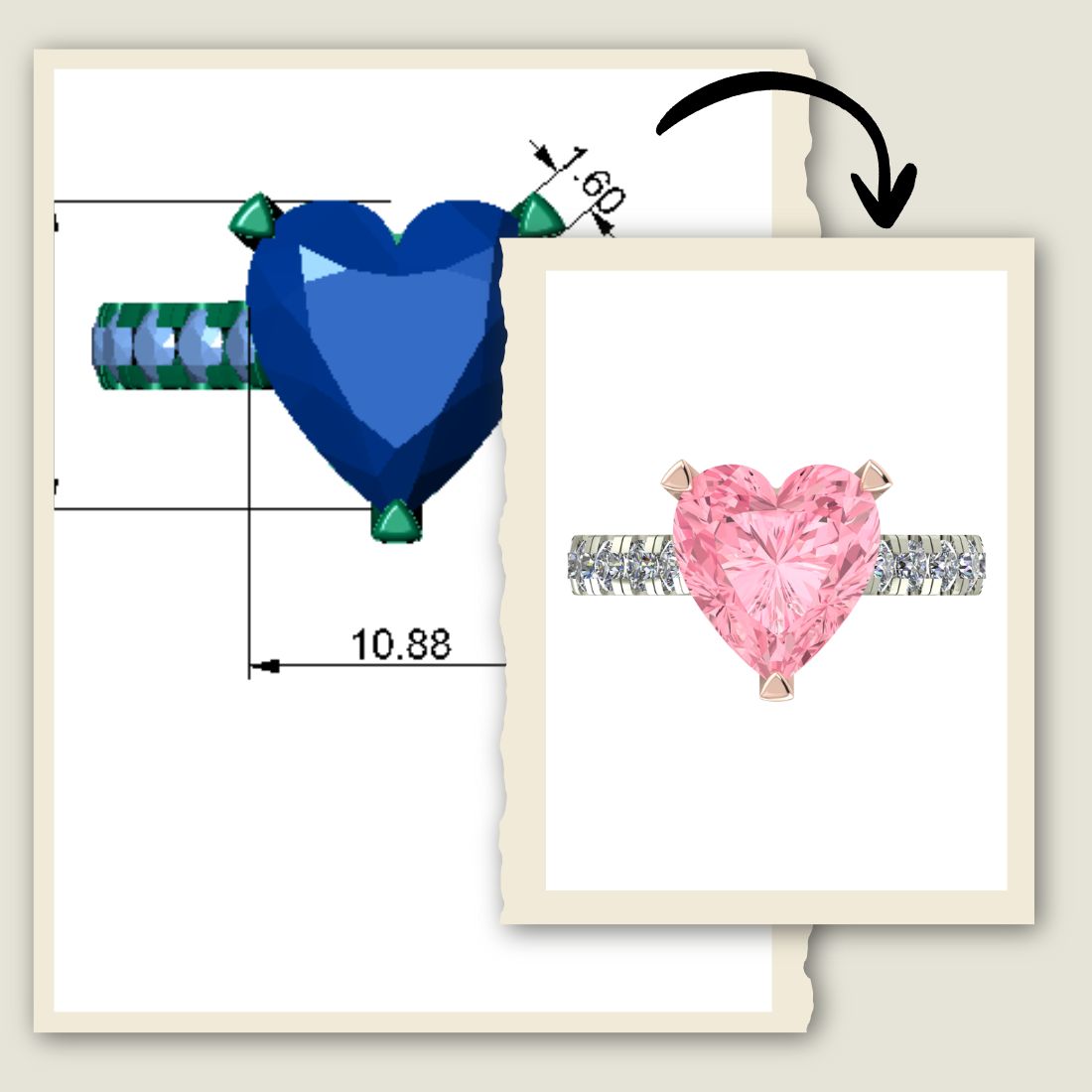 Handcrafted heart pink tourmaline engagement ring with side diamonds