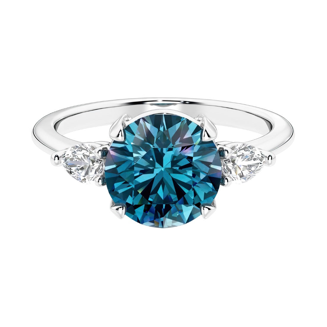 3 stone alexandrite and diamond engagement ring with round center, symbolizing past, present, and future.