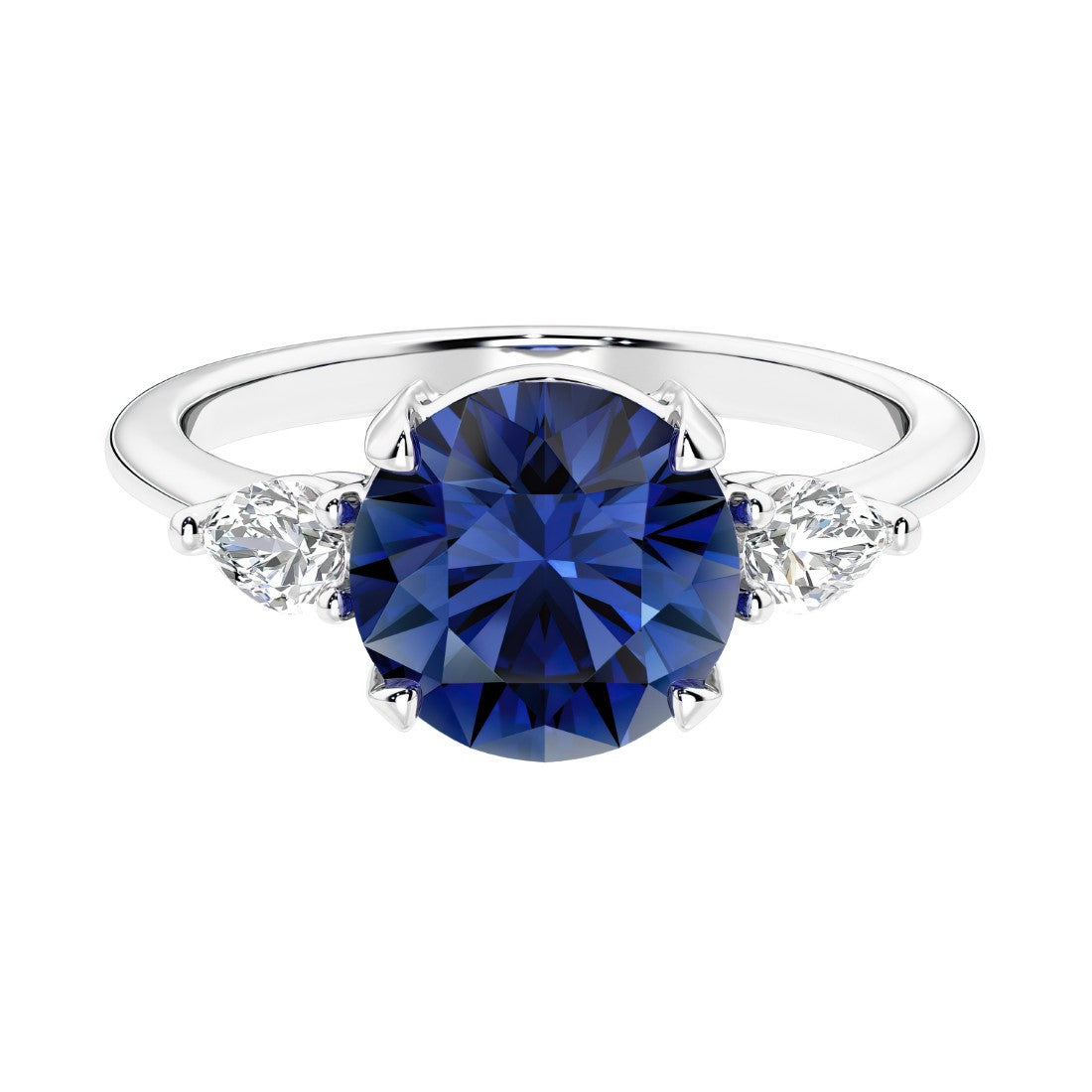 3 stone blue sapphire and diamond engagement ring with round center, symbolizing past, present, and future.