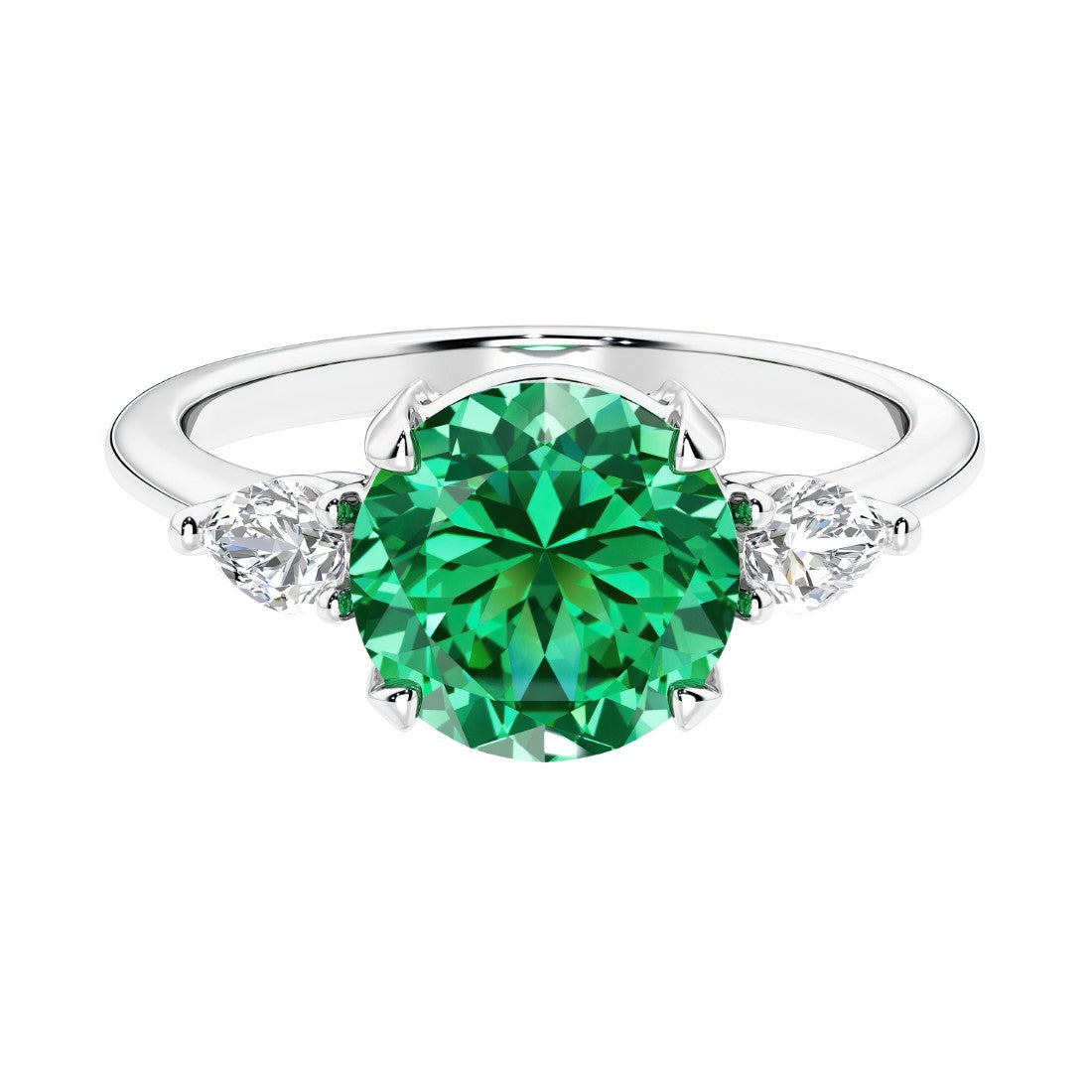 3 stone colombian emerald and diamond engagement ring with round center, symbolizing past, present, and future, set in 14k white gold.