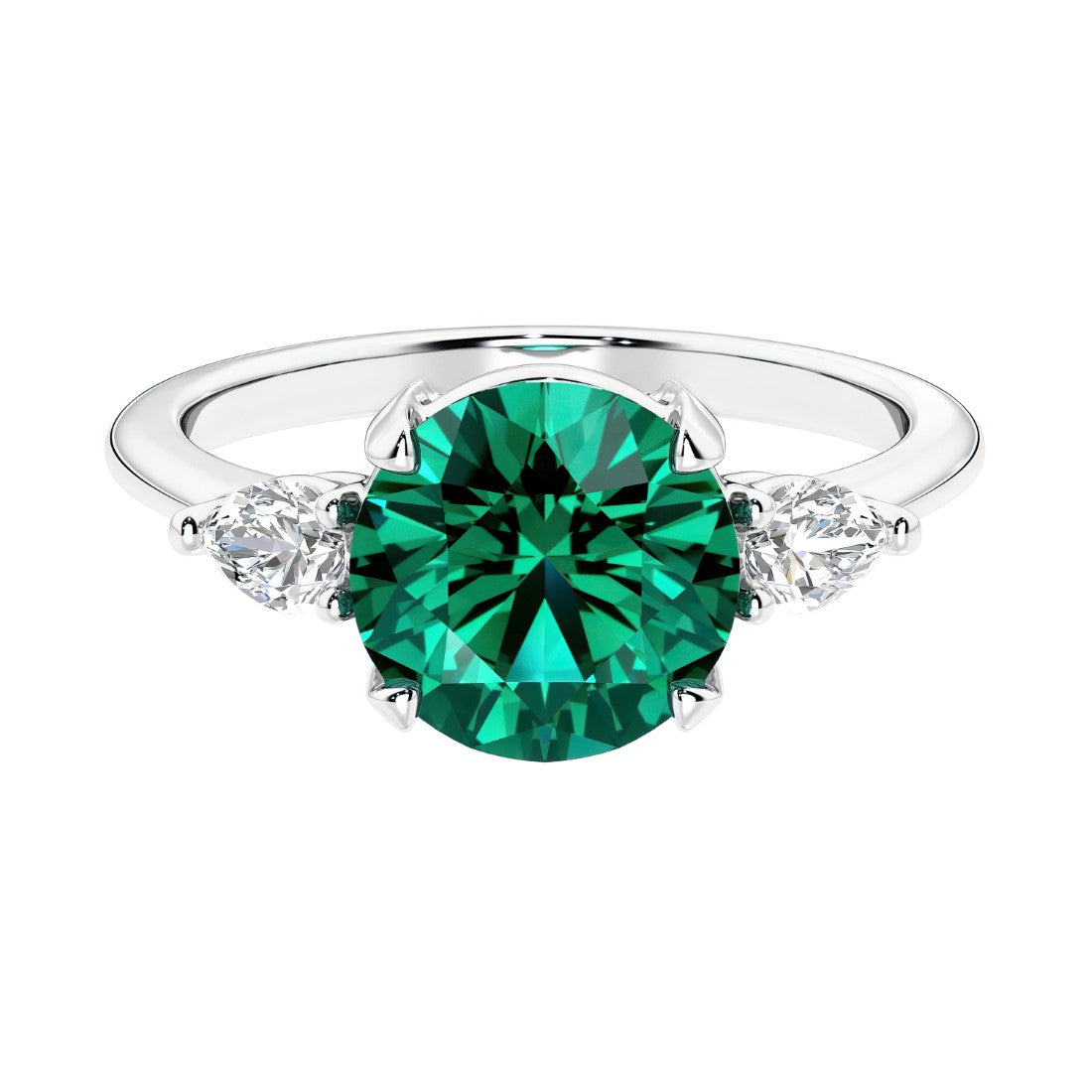 3 stone emerald and diamond engagement ring with round center, symbolizing past, present, and future, set in 14k white gold.