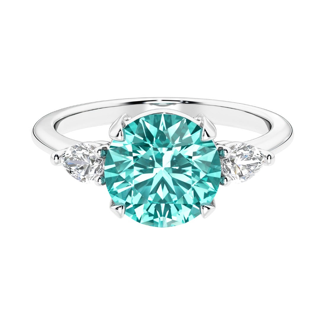 3 stone paraiba green tourmaline and diamond engagement ring with round center, symbolizing past, present, and future, set in 14k white gold.