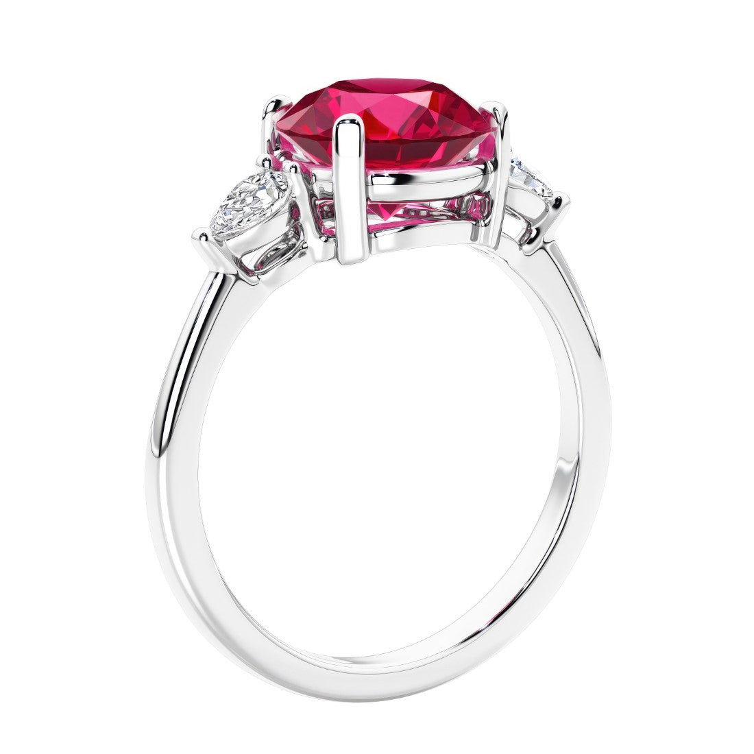 3 stone wedding ring featuring round red ruby center diamond and matching sides set in 14k white gold.