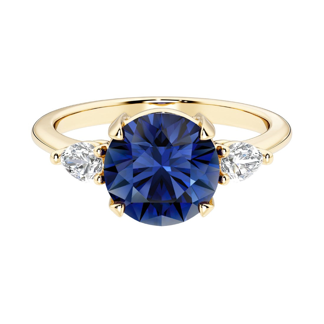 Three stone round engagement ring with a brilliant round blue sapphire center diamond and two round side stones.
