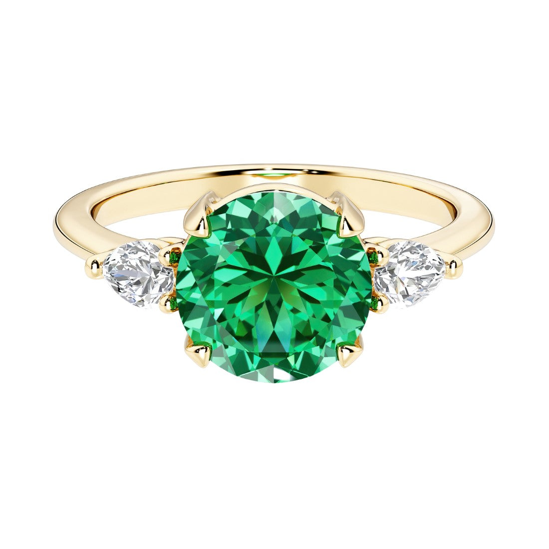A 14k yellow gold three stone round engagement ring with a brilliant round colombian emerald center diamond and two round side stones.
