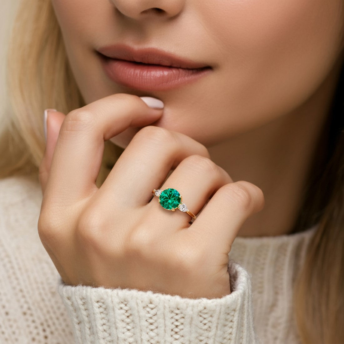 Woman wearing a 14k gold three stone round engagement ring with emerald and dazzling diamonds.