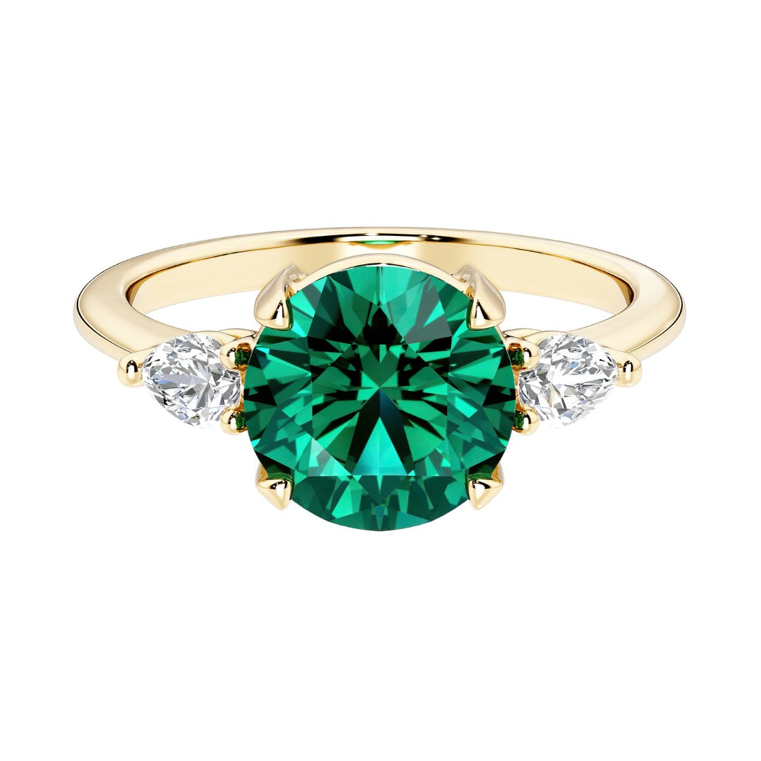 A 14k yellow gold three stone round engagement ring with a brilliant round emerald center diamond and two round side stones.