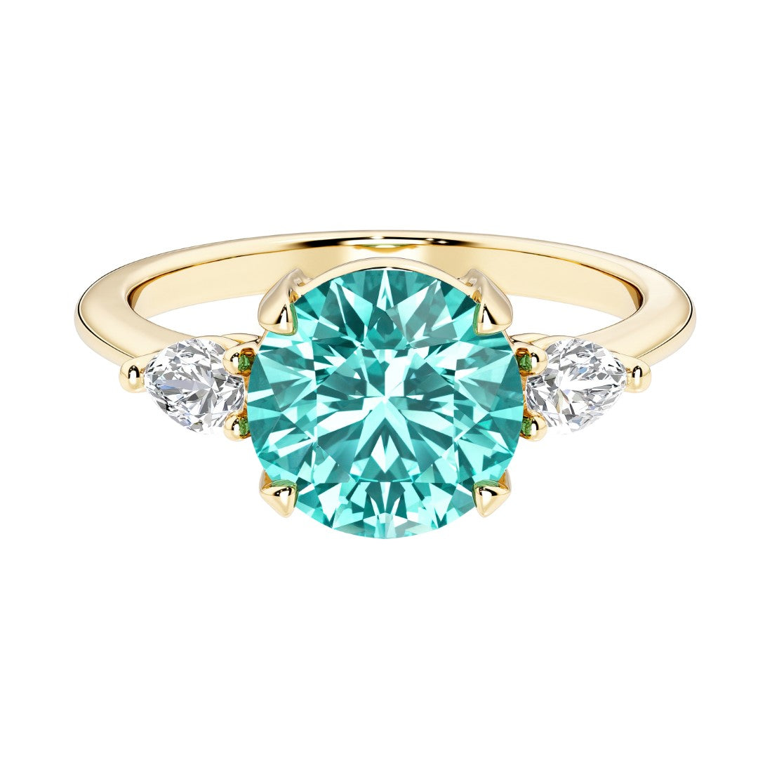 A 14k yellow gold three stone round engagement ring with a brilliant round paraiba green tourmaline center diamond and two round side stones.