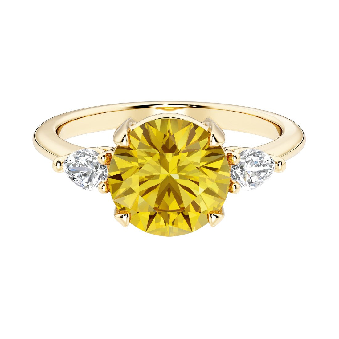 A 14k yellow gold three stone round engagement ring with a brilliant round yellow canary diamond looking yellow sapphire center diamond and two round side stones.