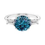 Lab diamond engagement ring in 14k white gold with round alexandrite center and two matching diamonds for timeless beauty.
