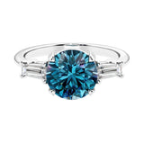 Lab diamond engagement ring in 14k white gold with round alexandrite center and two matching diamonds for timeless beauty.