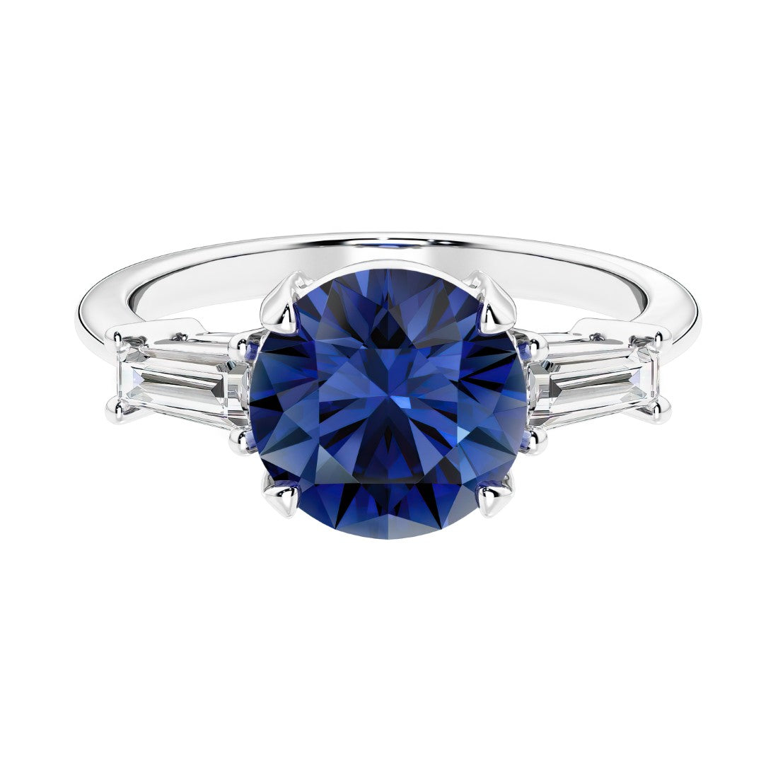 Lab diamond engagement ring in 14k white gold with round blue sapphire center and two matching diamonds for timeless beauty.