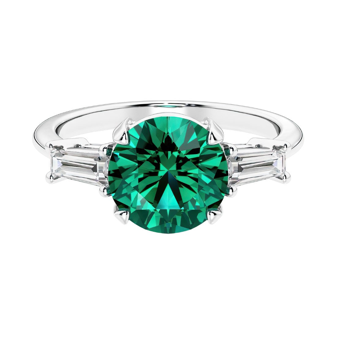Lab diamond engagement ring in 14k white gold with round emerald center and two matching diamonds for timeless beauty.