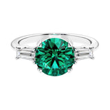 Lab diamond engagement ring in 14k white gold with round emerald center and two matching diamonds for timeless beauty.