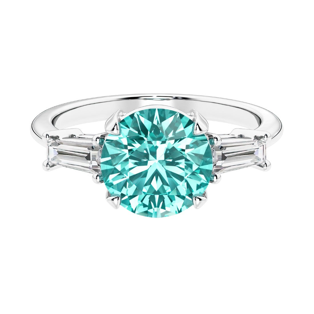 Lab diamond engagement ring in 14k white gold with round paraiba tourmaline center and two matching diamonds for timeless beauty.