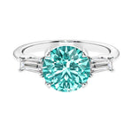 Lab diamond engagement ring in 14k white gold with round paraiba tourmaline center and two matching diamonds for timeless beauty.