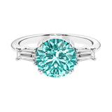 Lab diamond engagement ring in 14k white gold with round paraiba tourmaline center and two matching diamonds for timeless beauty.