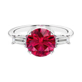 Lab diamond engagement ring in 14k white gold with round red ruby center and two matching diamonds for timeless beauty.