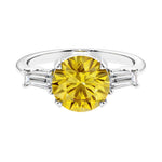 Lab diamond engagement ring in 14k white gold with round canary yellow diamond looking yellow sapphire center and two matching diamonds for timeless beauty.