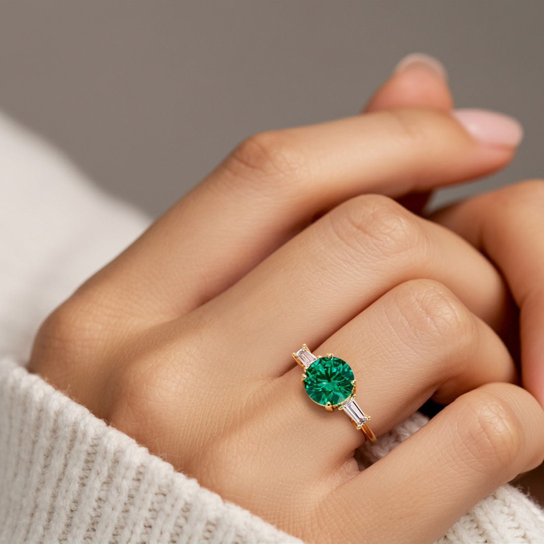 Woman wearing handcrafted round center gemstone engagement ring with sparkling diamond sides.