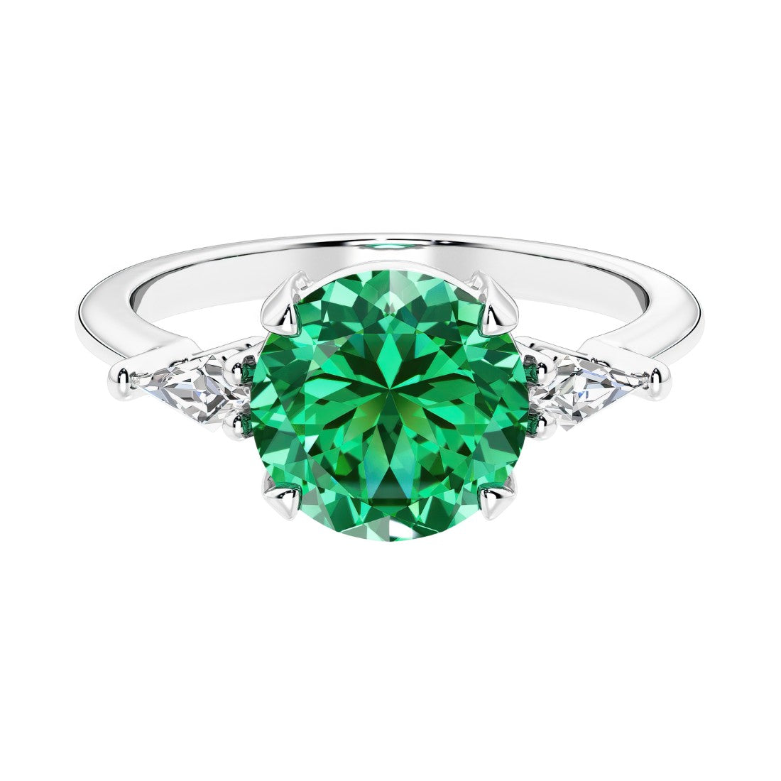 Custom colombian emerald round cut 3 stone engagement ring in 14k gold, perfect for modern brides.