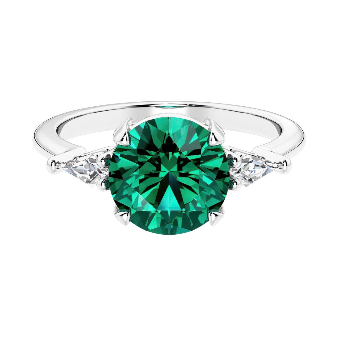 Custom emerald round cut 3 stone engagement ring in 14k gold, perfect for modern brides.