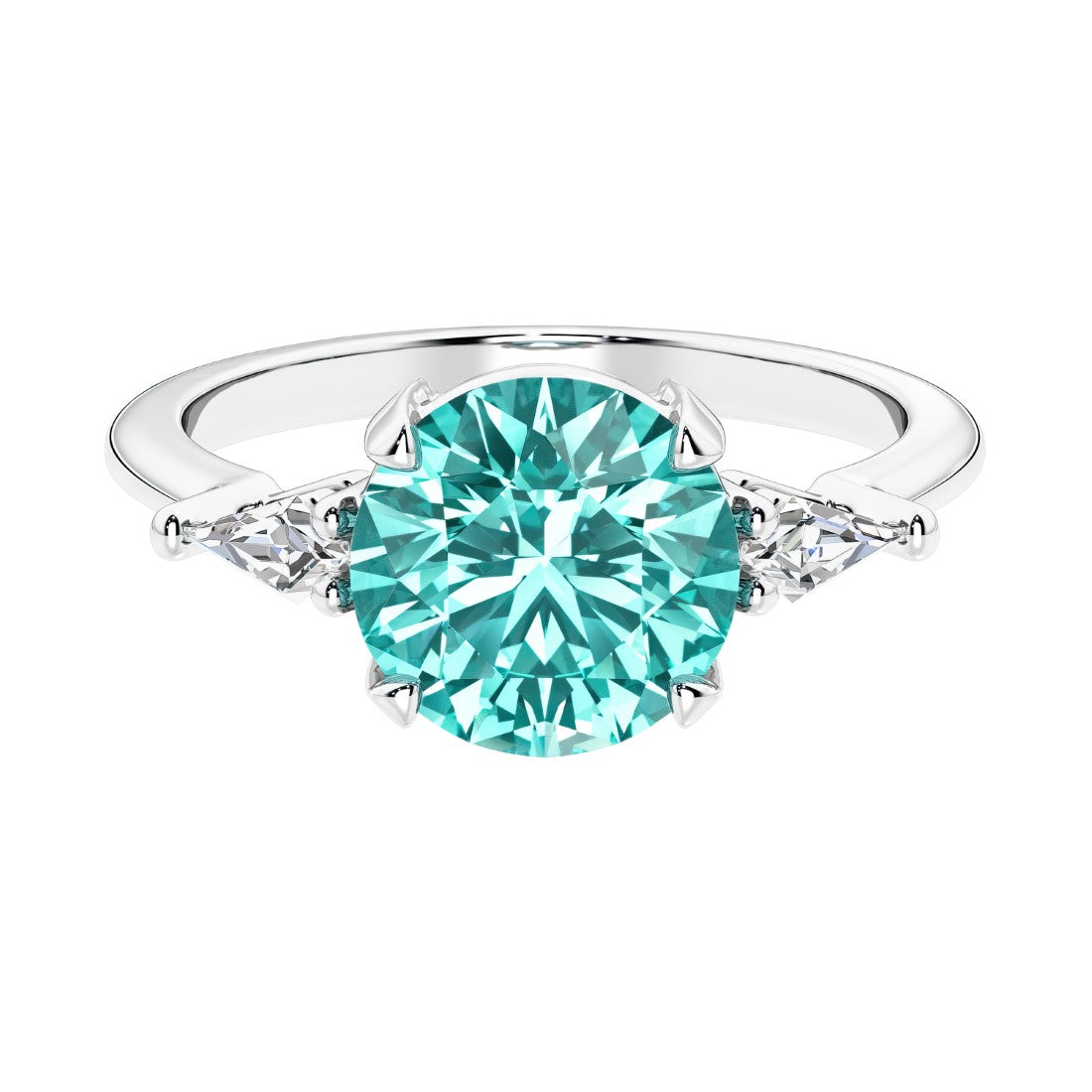 Custom paraiba tourmaline round cut 3 stone engagement ring in 14k gold, perfect for modern brides.