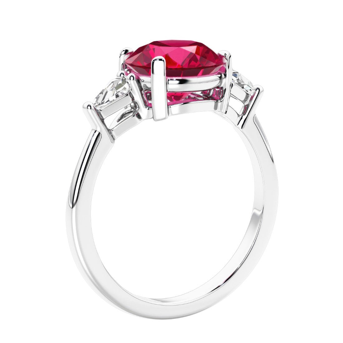 Round red ruby 3 stone engagement ring in white gold—a refined and popular choice among lab grown engagement rings.