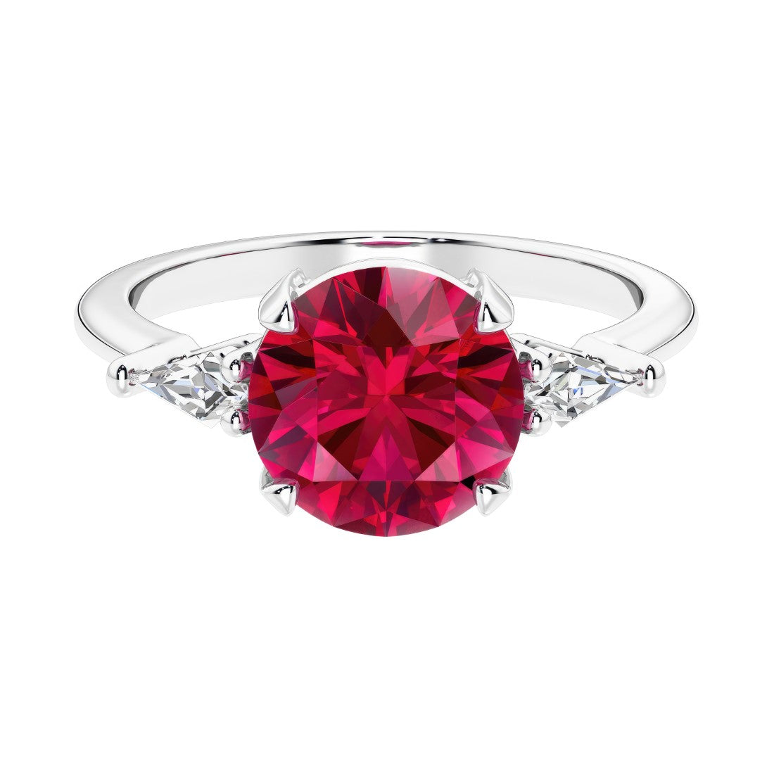 Custom red ruby round cut 3 stone engagement ring in 14k gold, perfect for modern brides.