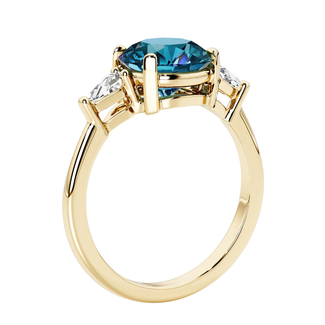 Lab diamond engagement ring with round gemstone center and two sparkling diamond side stones for timeless beauty.