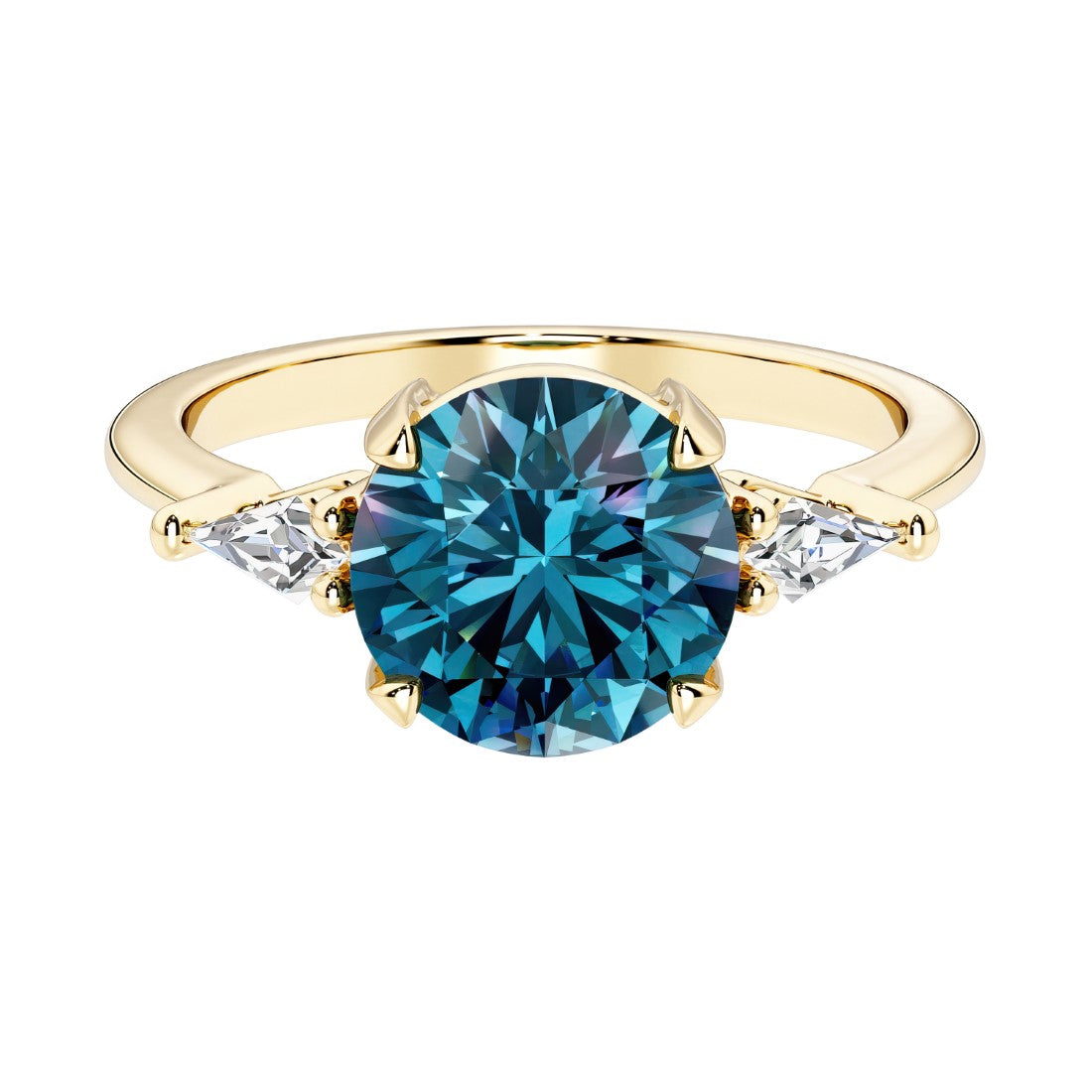 Handcrafted round center gemstone engagement ring with sparkling diamond sides.