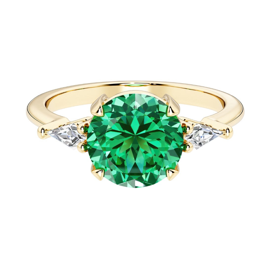 Handcrafted round center colombian emerald engagement ring with sparkling diamond sides.