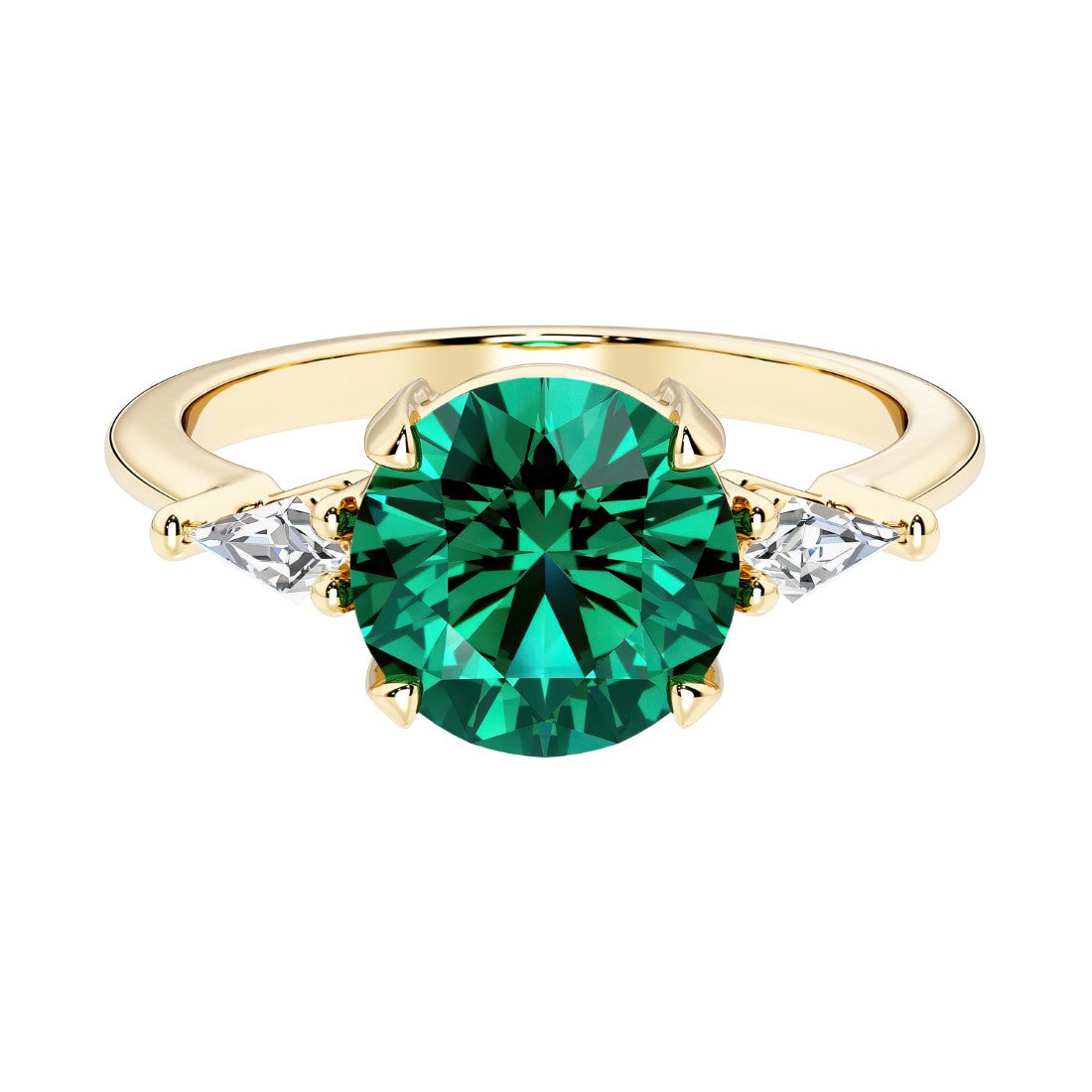 Handcrafted round center emerald engagement ring with sparkling diamond sides.