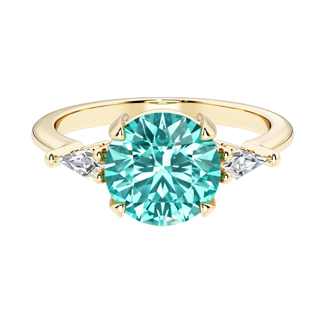 Handcrafted round center paraiba tourmaline engagement ring with sparkling diamond sides.