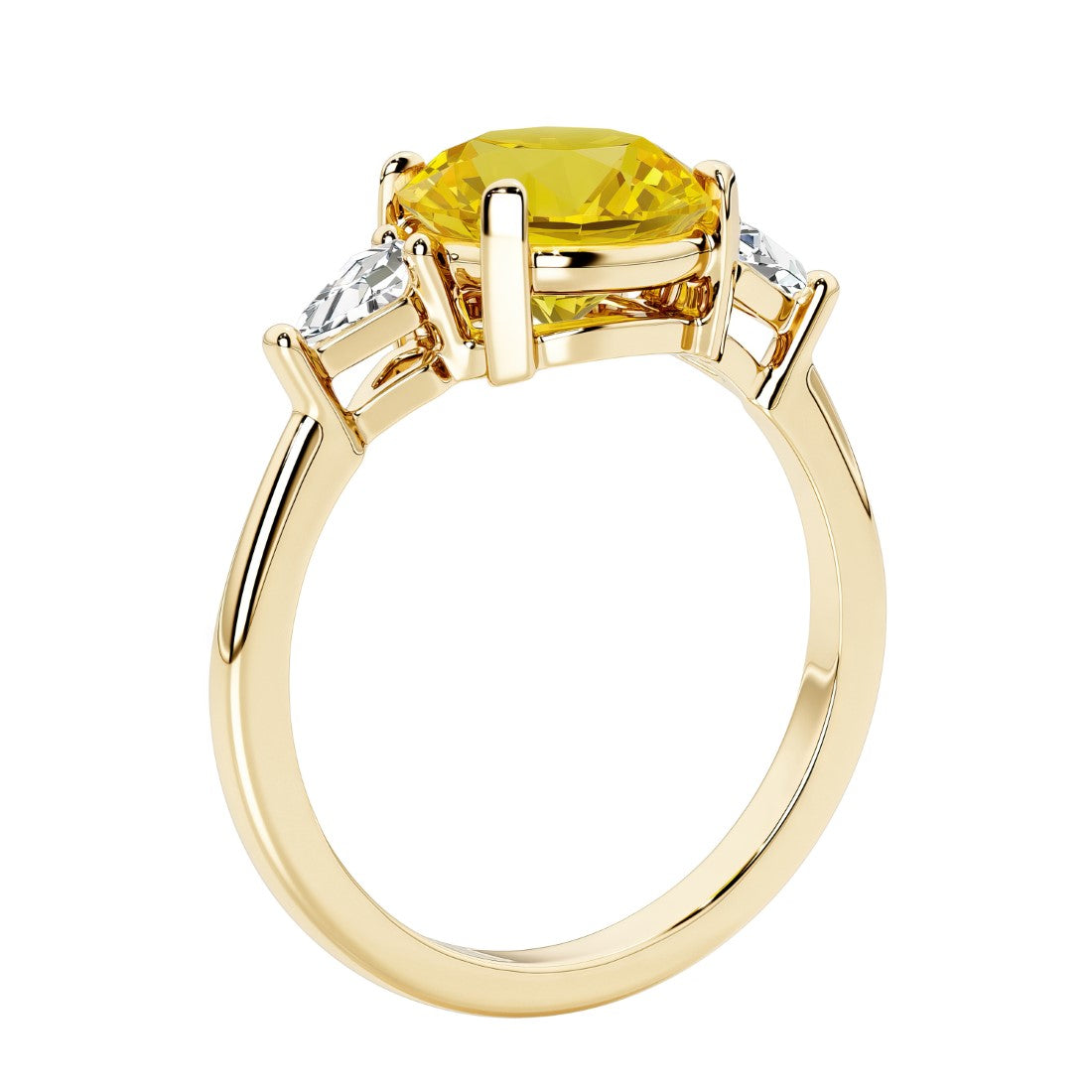Lab diamond engagement ring with round fancy yellow diamond alternative yellow sapphire center and two sparkling diamond side stones for timeless beauty.