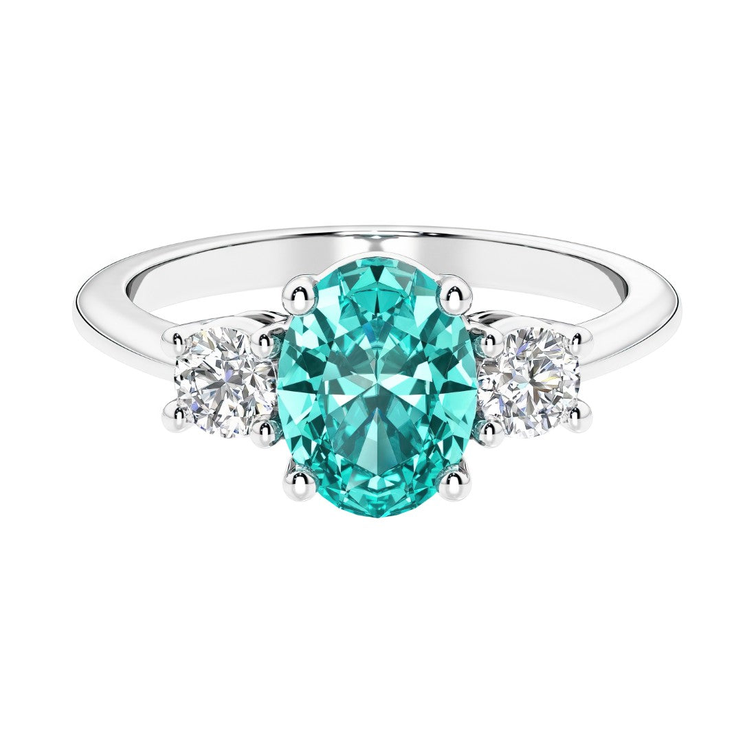 Three stone oval cut paraiba green tourmaline and diamond ring in classic design.