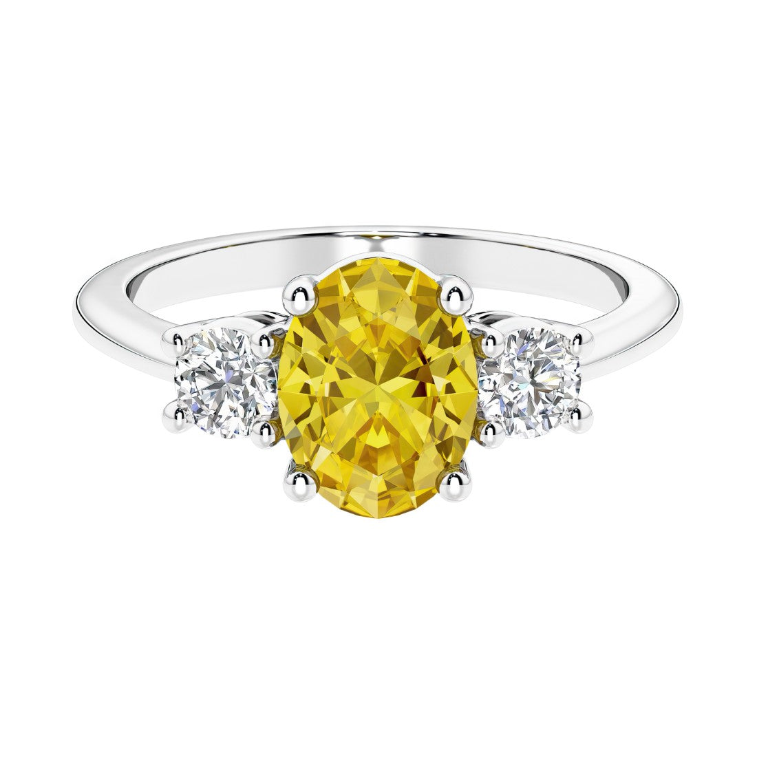 Three stone oval cut real yellow sapphire and diamond ring in classic design.