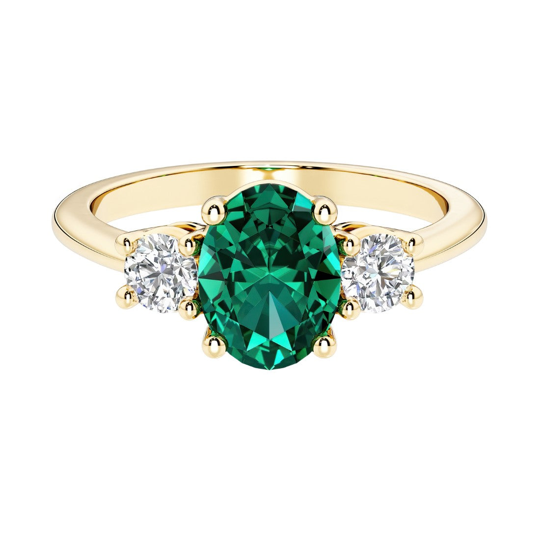 Oval 3 stone engagement ring with emerald and brilliant diamond side stones.