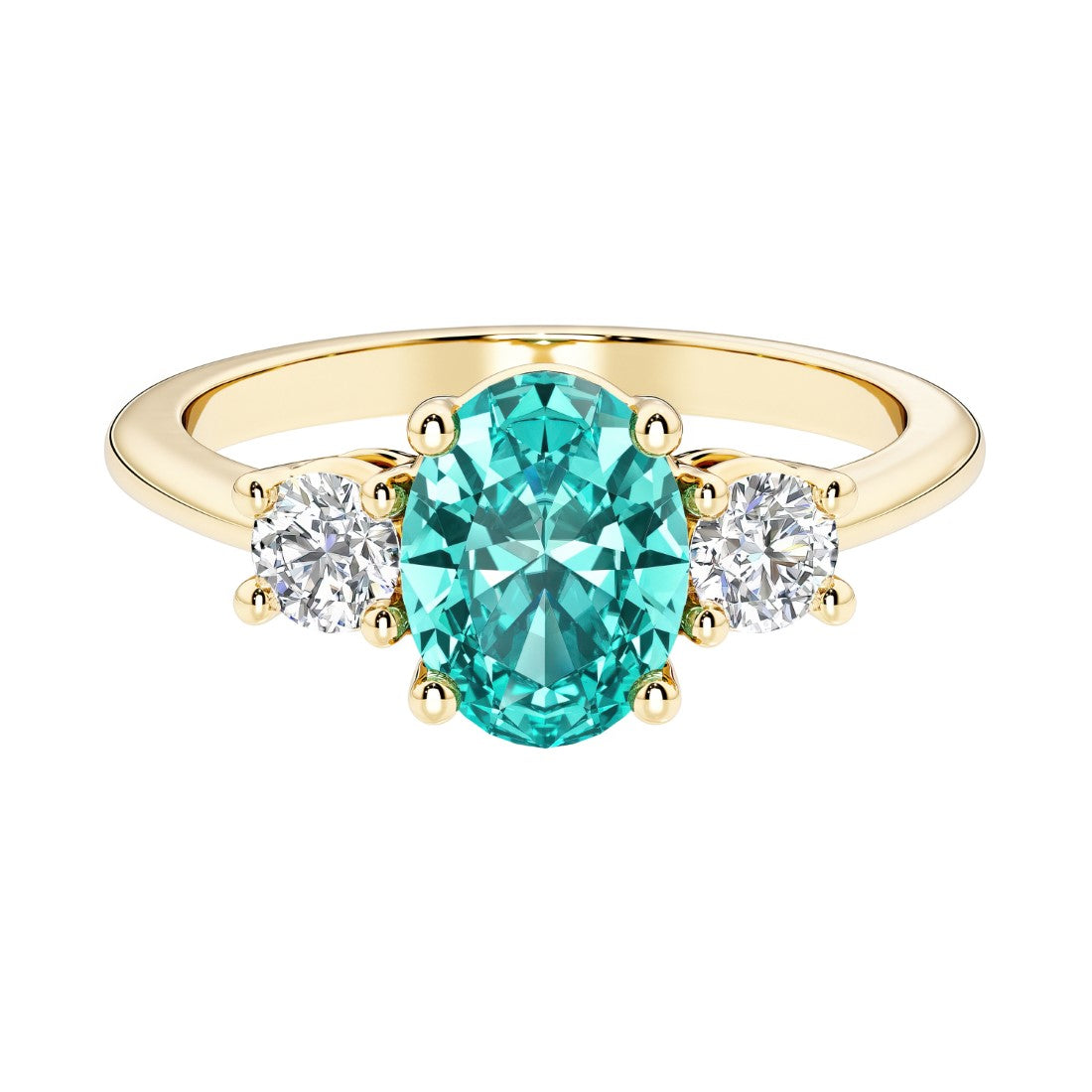 Oval 3 stone engagement ring with paraiba tourmaline and brilliant diamond side stones.