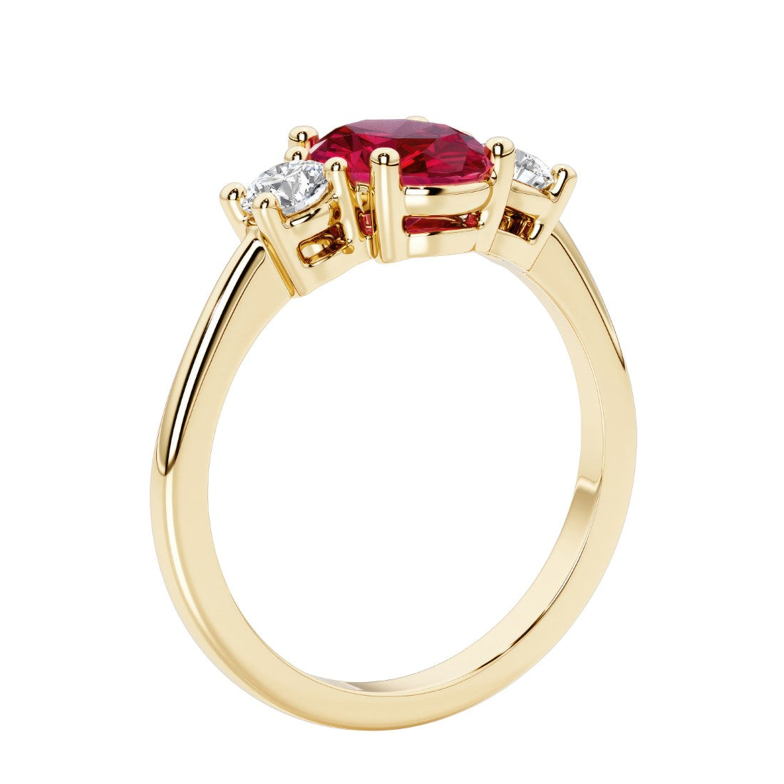 3 stone wedding ring with oval center gemstone and diamond side stones.