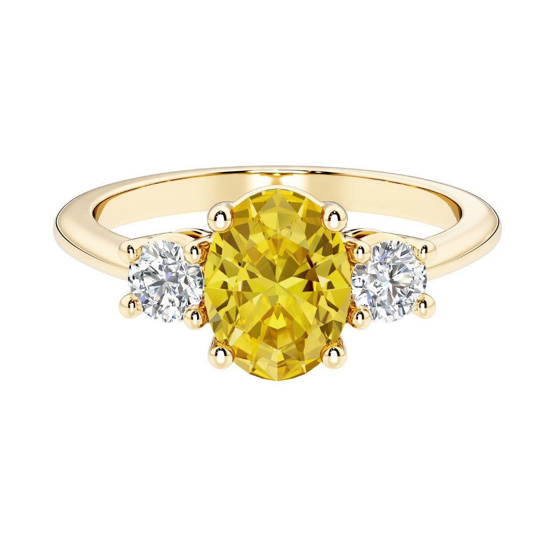 Oval 3 stone engagement ring with fancy yellow diamond look yellow sapphire and brilliant diamond side stones.