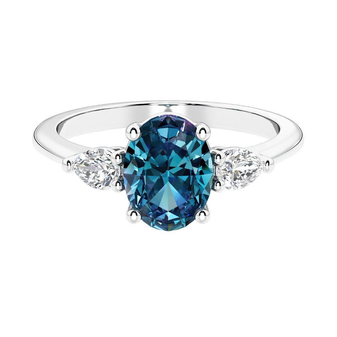Three stone oval and pear shaped real alexandrite and diamond ring in classic design.